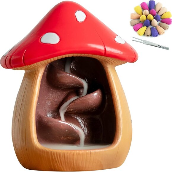 Cute Mushroom Incense Holder with 60 Incense Cones, Handmade Waterfall Backflow